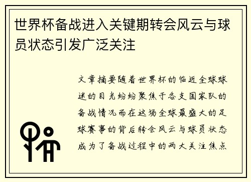 世界杯备战进入关键期转会风云与球员状态引发广泛关注